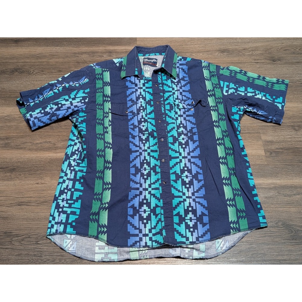 Wrangler Brushpopper Pearl Snap Western‎ Shirt Aztec Tribal Southwestern 90s XL